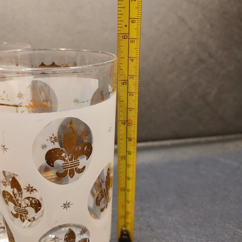 Libbey Highball Glasses Frosted Fleur de Lis Gold Rim 1950s Set of 6 - Picture 4 of 10